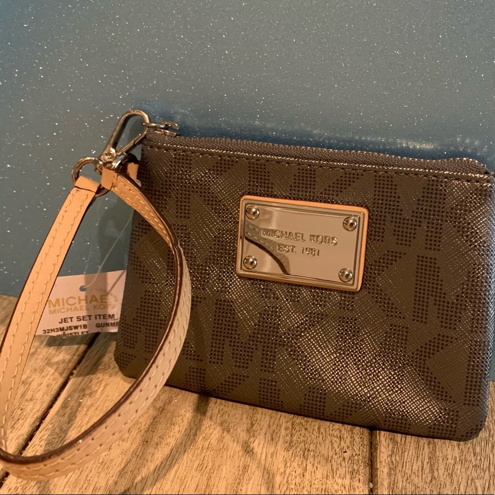 Michael MK gunmetal wristlet/wallet/clutch